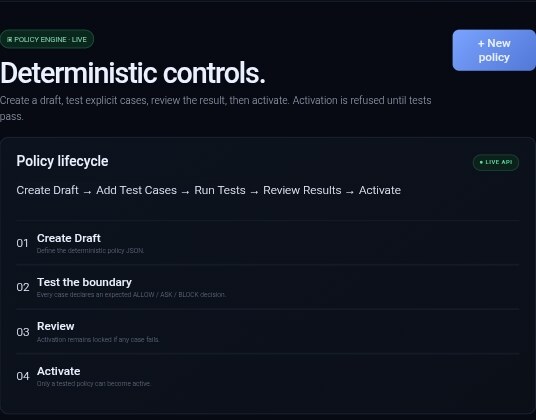 Policies screen: create a draft, test the boundary, review, activate